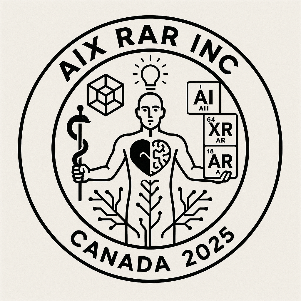 AIX RAR INC — Vitruvian figure with circuit veins, caduceus, and AI·XR·AR periodic blocks